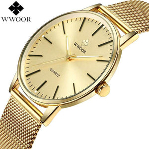 WWOOR 8832 Men Simple Slim Quartz Watch Gold Steel Mesh Ultra Thin Men Watches Luxury Brand 50M Waterproof Male Wrist Watch Golden Clock