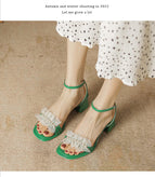 Sandals women's summer 2022 new thick heel sandals women's pleated lace pearl one word buckle high-heeled sandals lady ZR1138-2