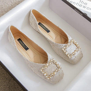 2022 Summer New Temperament Square Buckle Snowflake Rhinestone Pressed Satin Shallow Mouth Square Toe Metal Single Shoe Flat Shoes 555-12