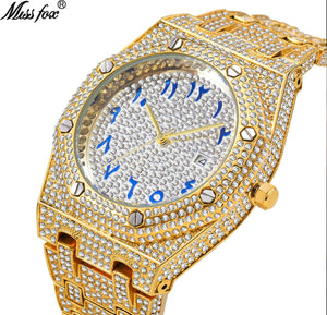 MISSFOX watch hip-hop high-end full diamond waterproof calendar men's watch V301 quartz watch