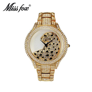 MISSFOX Wild Leopard Watch Pattern Set Diamond British Watch Stainless Steel Full Diamond Women's Watch Fashion Rhinestone Watch V200A
