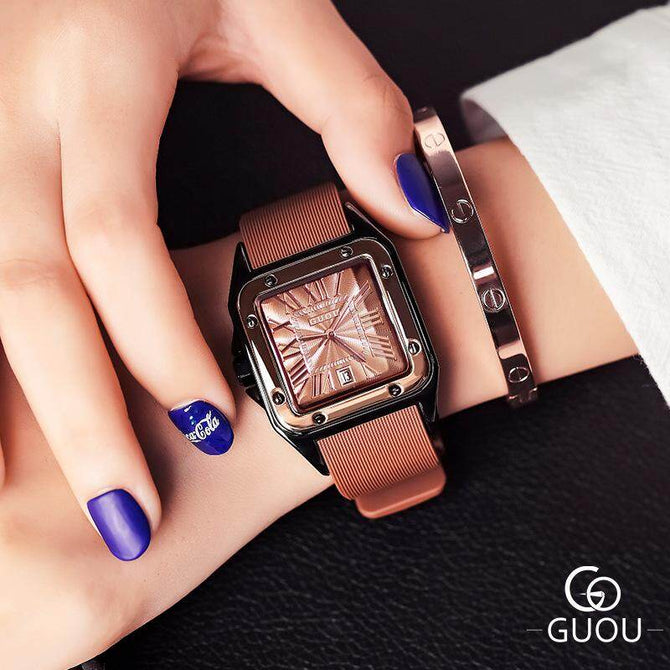 【Large stock】Original GUOU 8154 Small Dial Casual watches Ladies Watch Square Clocks Roman Scale Waterproof Silicone Calendar Movement Women Wristwatch Luxury Brand