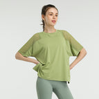 Fashion Quick-Drying Loose Elastic Running Smock T-shirt Mesh Stitching Sports Short Sleeve Fitness Yoga Wear Women