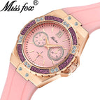 MISSFOX Watch Silicone Korean Version Versatile Diamond Fashion Three Eyes Quartz Ladies Watch 2593