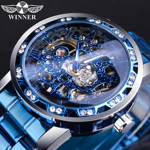 New Winner Watch Men's Fashion Casual Classic Popular Hollow Rhinestone Manual Mechanical Watch SLZg75