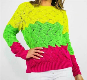 2019 Womens Striped Sweater Casual Loose Color Block Thick Knit Pullover