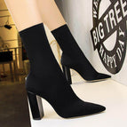 3129-3 Korean fashion short boots simple wood grain with thick heels elastic high heels Lycra sexy office shoes thin short boots