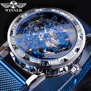Winner Watch Men's Fashion Casual Classic Popular Rhinestone Hollow Mesh Belt Manual Mechanical men Watch SLZg91
