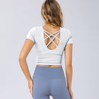 New summer fitness dress women tight sexy back yoga short sleeves with chest pad gym professional training top 8225