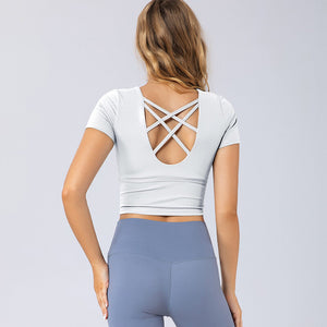 New summer fitness dress women tight sexy back yoga short sleeves with chest pad gym professional training top 8225