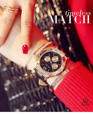 GUOU 8116 Fashion Women's Watches Rose Gold Luxury Ladies Wrist Watch Auto Date Watch Leather big dial watch