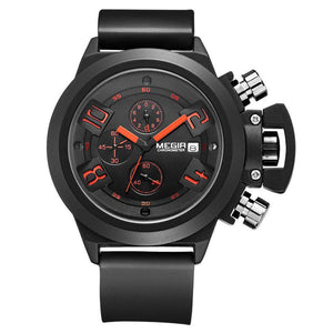 MEGIR 2002 Men's Casual Quartz Watch 3D Engraved Dial Black Silicone watches men Waterproof Sport Watch for Man