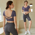 2022 new yoga clothes women's back short-sleeved cross-fit stretch sports fitness suit 216+181