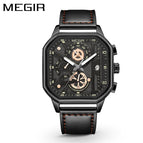 The new Megir square watch trend multi-function timing quartz watch men's leather men's watch 8106