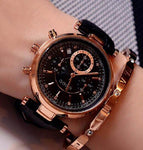 Fashion GUOU 8080 Real 3 Eyes Waterproof Leather Rose Gold Steel  Calendar Wristwatches Watch for Women
