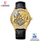 CHENXI new leather butterfly buckle automatic mechanical watch men's waterproof luminous golden tiger flywheel watch CX-6029B