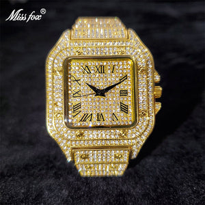 Missfox gold Roman high-end hip-hop star-studded diamond square men's watch fashion quartz watch V324