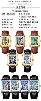CHENXI Square Skeleton Automatic Mechanical Watch Men's fashion Leather Waterproof men's casual Watch CX-8816