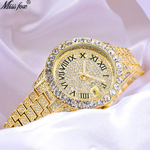 MISSFOX watch women's fashion diamond waterproof calendar full diamond face luminous ladies quartz watch 3035