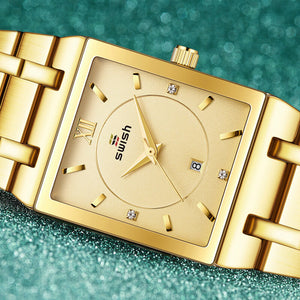 SWISH 0034 New rectangular men's fine steel band Japanese movement simple calendar quartz watch waterproof watch