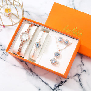 Women watch Fashion Tide quartz Gold Watch Gift Box Set Ladies round Watch bracelet set 011T