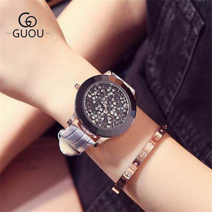 GUOU 8026 Women's Watches Luxury Rhinestone Diamond Watch Women Watches Genuine Leather Ladies Watch Clock