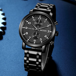 Megir Watch Men's Business Multifunction Chronograph Steel Belt Quartz men Watch 2160g