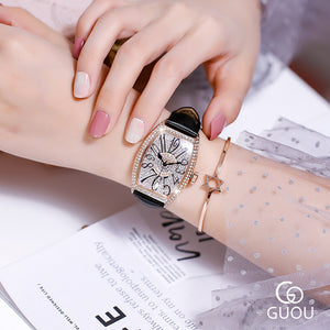 GUOU 8200 Women's Watch Light Luxury Wine Bucket Digital Watches Net-red Temperament Rhinestone Women's Real Belt Large Dial Square Watch for women