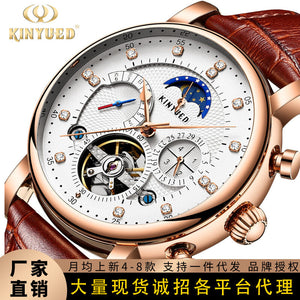 KINYUED waterproof hollow mechanical watch fashion leather diamond star high-end men's mechanical watch J025