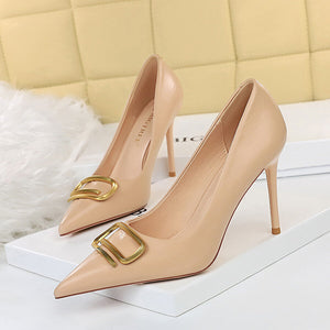1932-7 ladies high heels wedding shoes bridesmaid shoes Korean fashion banquet high heels women's shoes stiletto high heels shallow mouth pointed metal buckle decoration daily wearable single shoes