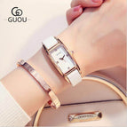 GUOU 8085 Watches Luxury Crystal women's watch Fashion Genuine Leather Ladies Watch Lady Hour Rectangle women casual watch Clock