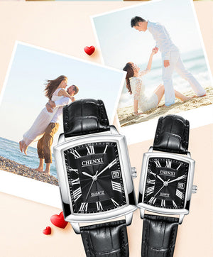 CHENXI Casual Couple Watch Morning Calendar Quartz Watch 079a Square Men and women Watch CX-079A Leather