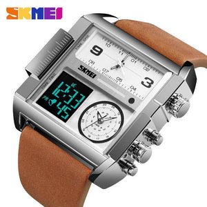 SKMEI 1391 Men BIG DIAL Watches Fashion Digital Watch For Man Leather Strap Dual Display LED Quartz Watch Chronograph Alarm Clock Calendar Date Stopwatch Luminous Waterproof Shockproof