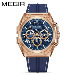 Megir Watch Men Stainless Steel Luminous Timing Hollow Sports Quartz Silicone Watch 4220