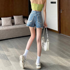 JEANS retro raw edge denim shorts summer women 2022 new high waist thin loose wide leg hot pants DK2008