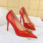 1932-7 ladies high heels wedding shoes bridesmaid shoes Korean fashion banquet high heels women's shoes stiletto high heels shallow mouth pointed metal buckle decoration daily wearable single shoes