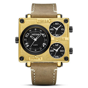 Megir Men's Watch Retro Fashion Square Multi Time Zone Watch Sports Watch 2069