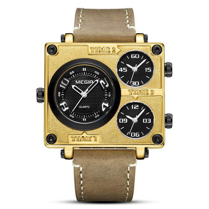 Megir Men's Watch Retro Fashion Square Multi Time Zone Watch Sports Watch 2069