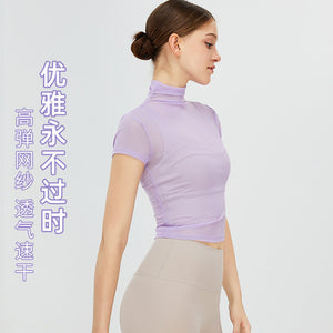 New Retro Yoga Blouse T-shirt Women's Turtleneck Quick-Drying Sports Yoga Jacket Mesh Breathable Sun-Proof Yoga Clothes