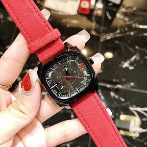 TT new women's trend personality fashion black square big red leather strap ladies watch 77005