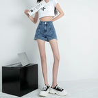 JEANS retro denim shorts women's 2022 summer new high-waisted thin double-button elastic loose A-line pants 7079