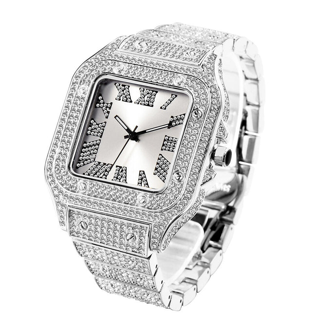 MISSFOX watch Roman scale high-end fashion diamond full diamond square men's watch women's watch round classic fashion quartz watch V324-2
