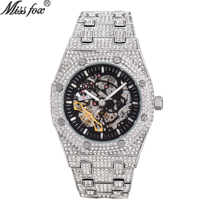 MISSFOX watch European and American explosion models full diamond hollow mechanical watch waterproof luminous stainless steel men's watch V301 Mechanical