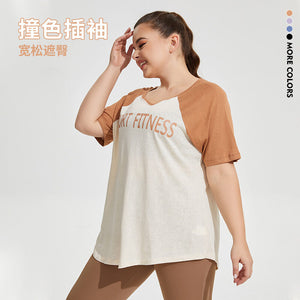 Women plus size T-shirt Loose Breathable Yoga Clothes Blouse Women's big Size Printing Color Contrast Running Athletic Clothing Short-Sleeved Clothes T-shirt YY182