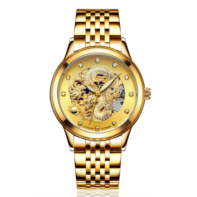 LAOGESHI dragon and phoenix steel strap couple watch mechanical hollow luminous waterproof watch automatic mechanical watch