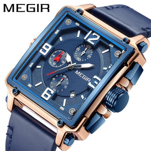 Megir Fashion Light Retro Men's Watch Square Multifunctional Chronograph Calendar Leather Watch 2061