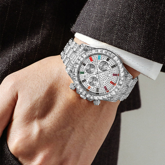 PINTIME men's watch Crystals Three-Eye Watch Square Rhinestone Diamond Men's and Women's casual quartz Watch PT2742