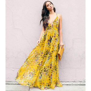Fashion Style Summer Bohemian Style Floral Long Maxi Spaghetti Strap Empire Dress Beach Dress Sundress