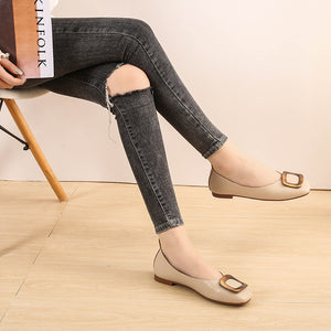 New autumn shoes women's metal buckle shallow mouth square head pedal shoes soft bottom large size flat bottom casual shoes n1-60