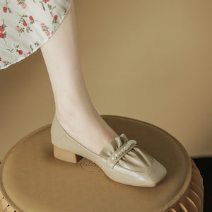 2022 shallow mouth shoes medium thick heel pleated female pearl soft all-match square toe thick heel shoes for women 1366-11